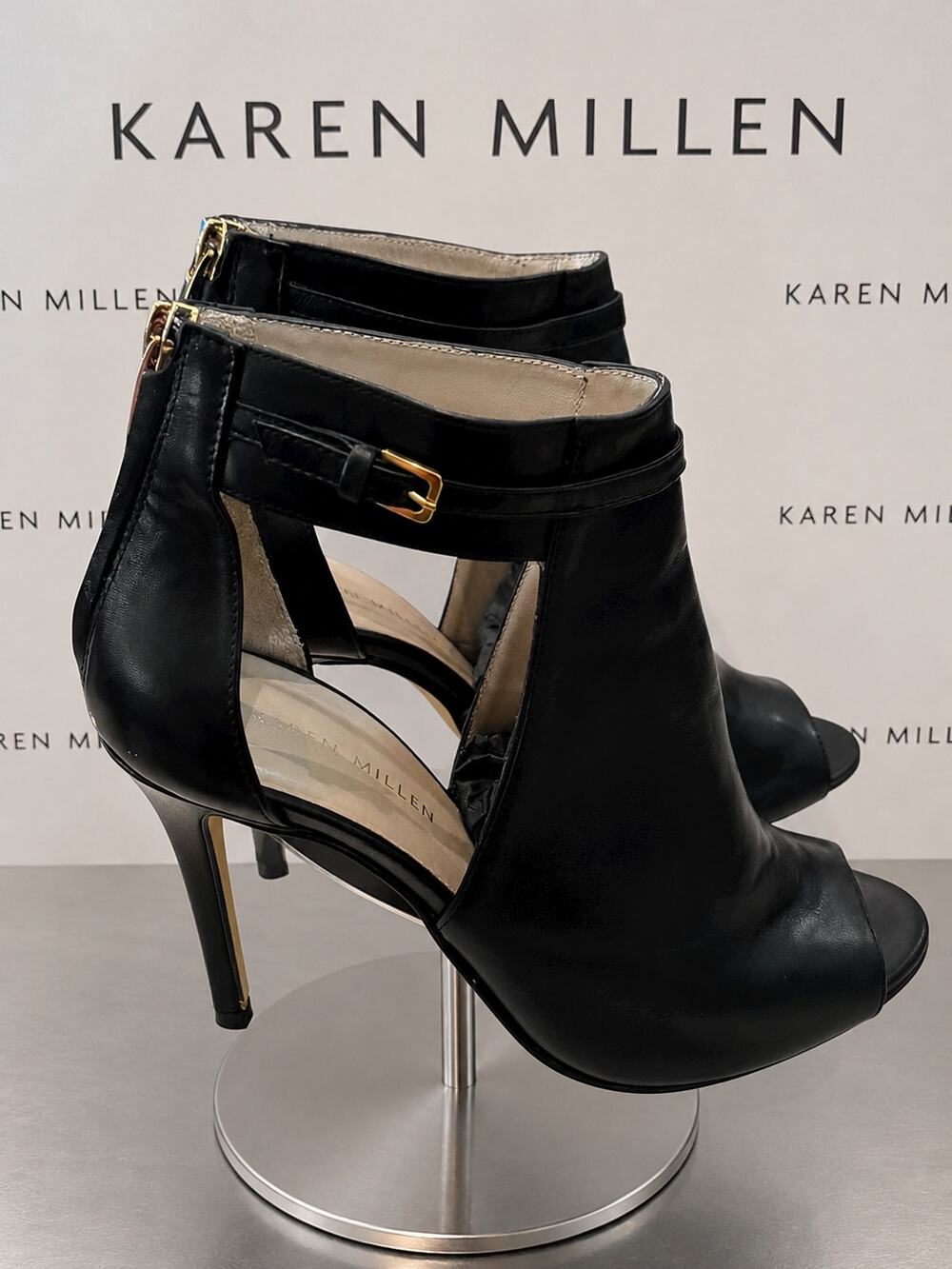 Karen Millen Black Leather Peep Toe Cutout Stiletto Booties EU 37 US 6